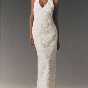 NWT Bhldn Anthropologie halter open back bridal Floral Textured midi slim Dress